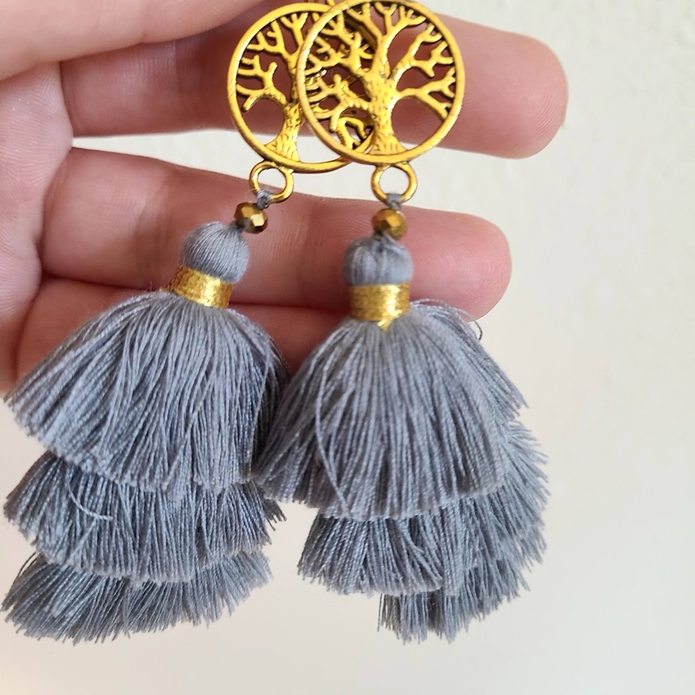 New Gold Tone Tree of Life Gray Tassel Earrings